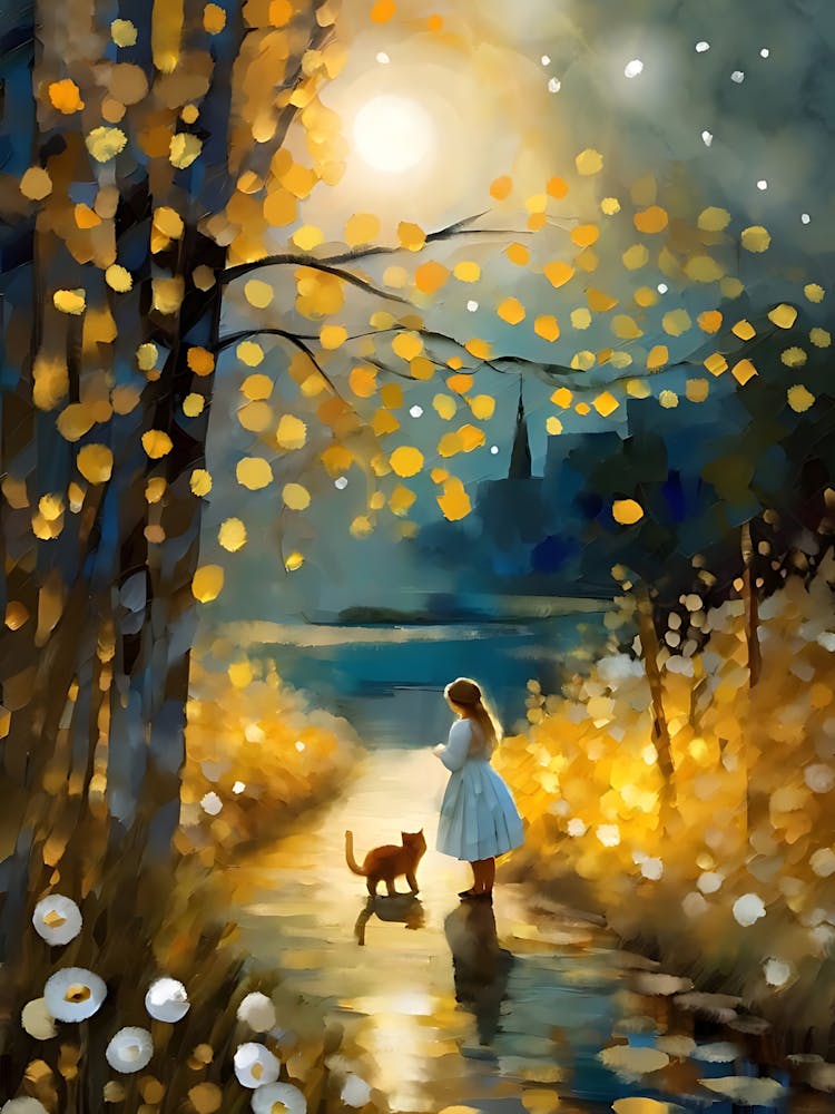 Little Girl And Cat In The Moonlight