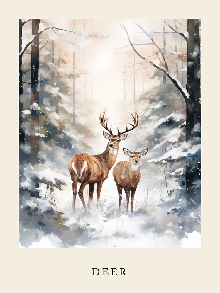 Winter Watercolour Deer 1 Poster