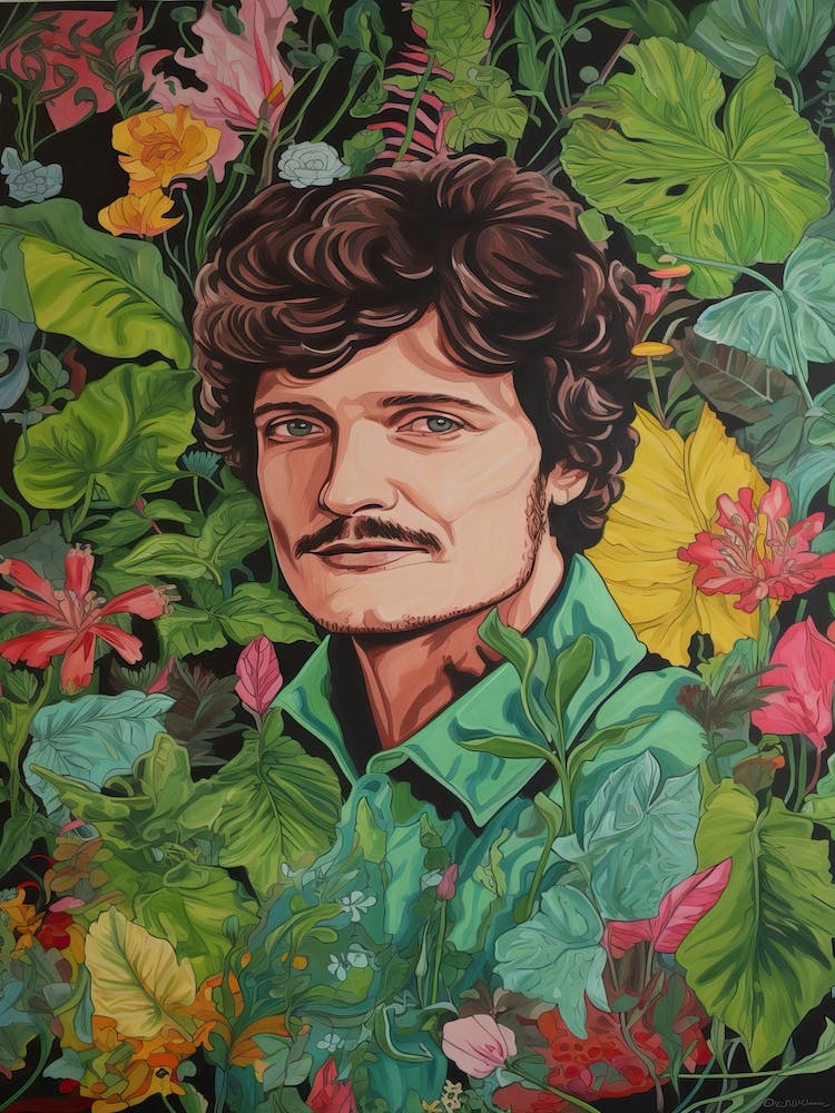 Florales handgemaltes Porträt von Pedro Pascal 3