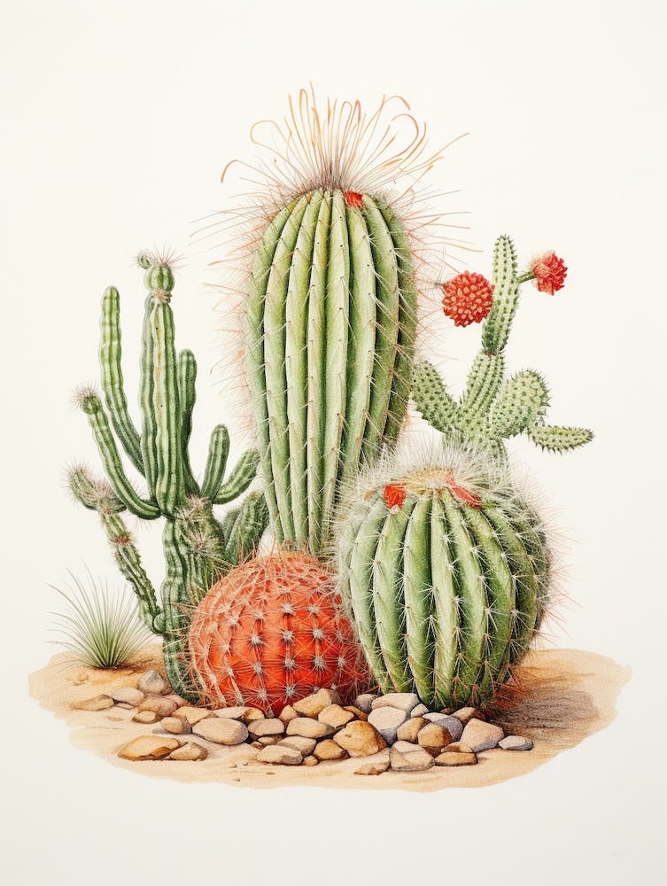 Vintage Cactus Illustration Barrel Cactus 1