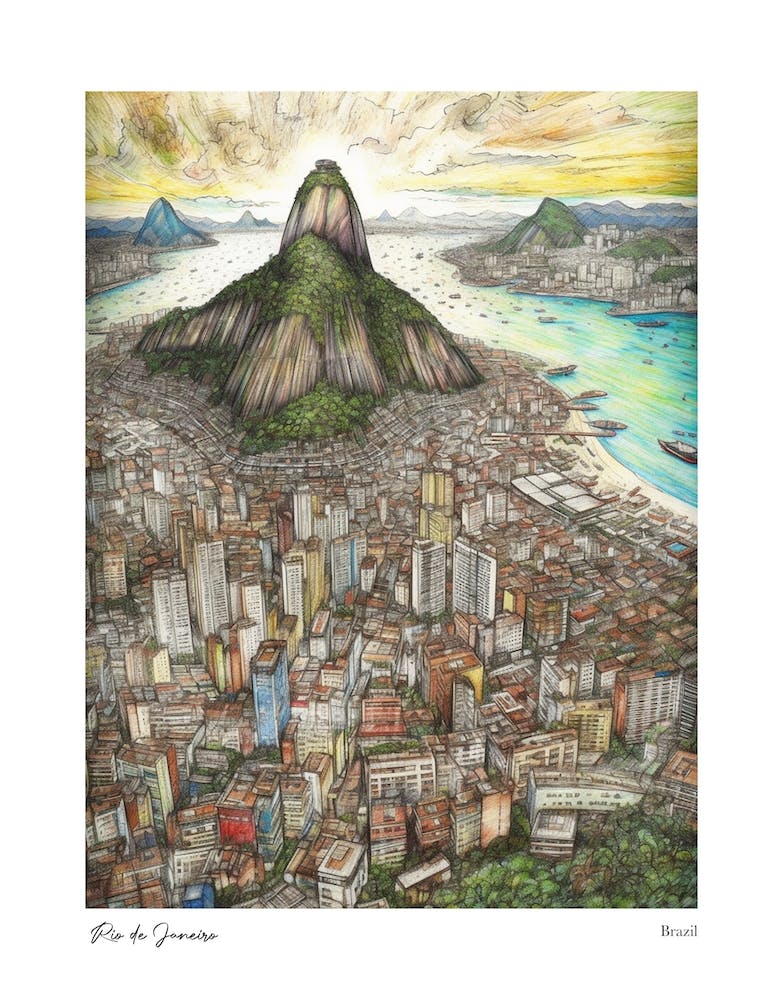 Rio De Janeiro Brazil Zeichnung im Bleistiftstil 4 Reiseposter