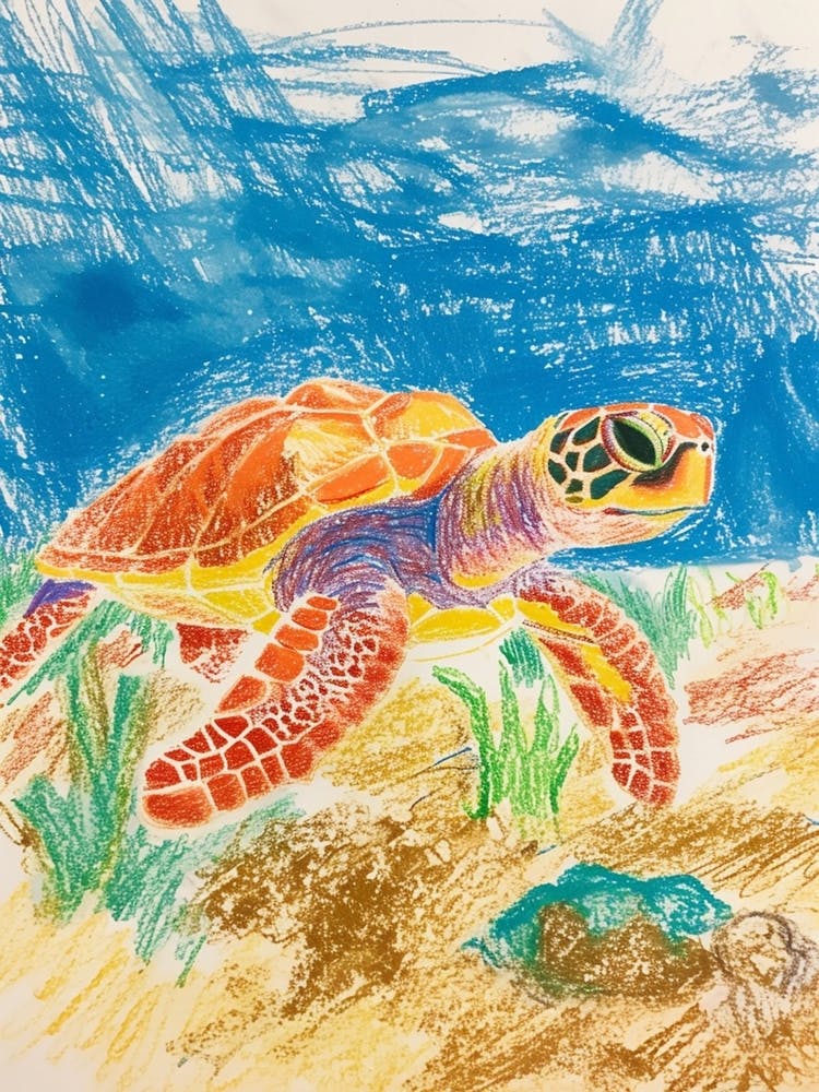 Sea Turtle On The Beach Crayon Doodle 1