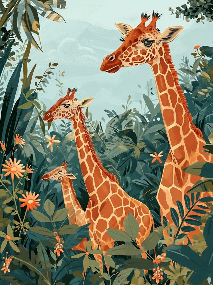 Giraffe In The Plants Modern Kitsch Illustration 3