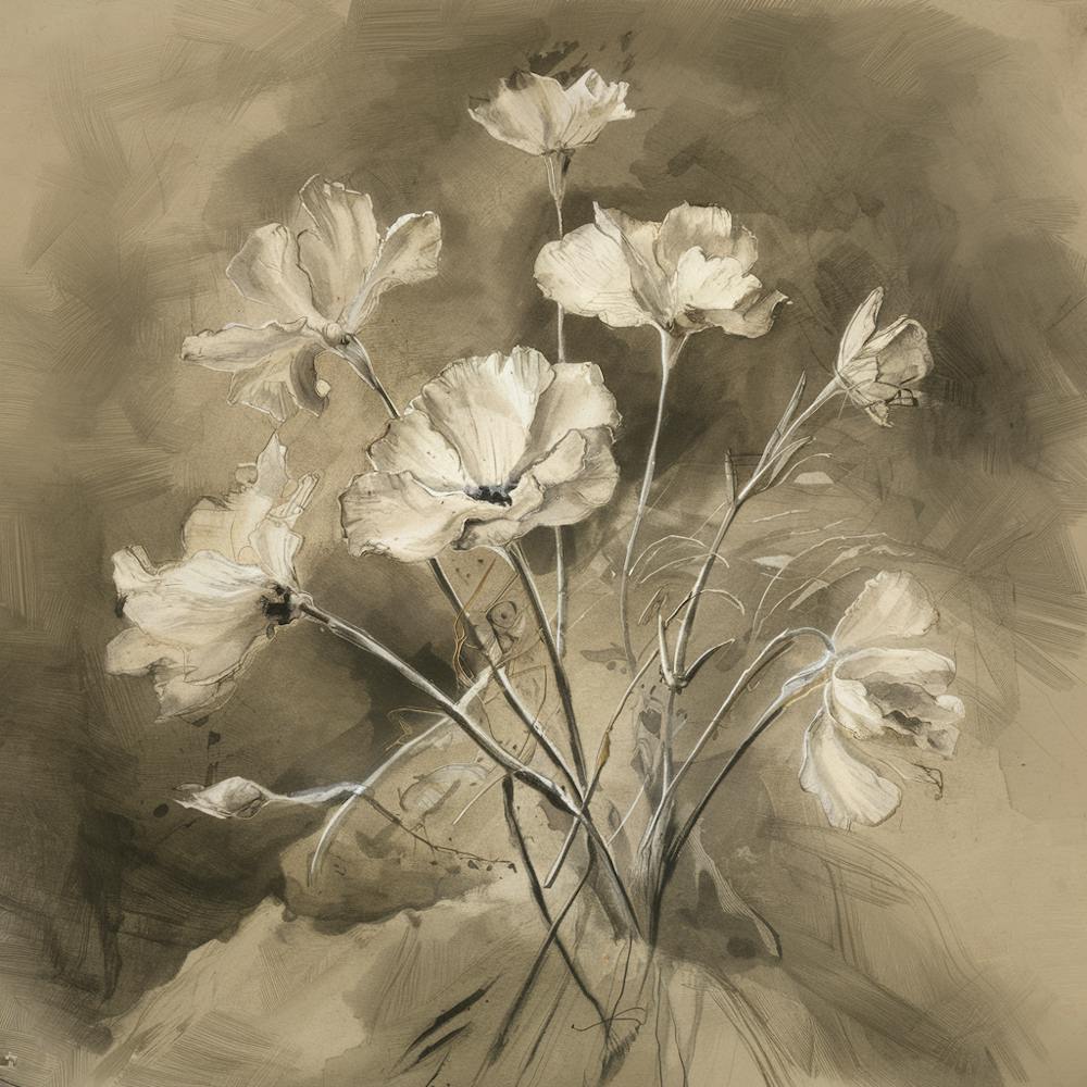 soft Neutral, flower still life, loose, Pen and Ink Drawing, drypoint, fine art