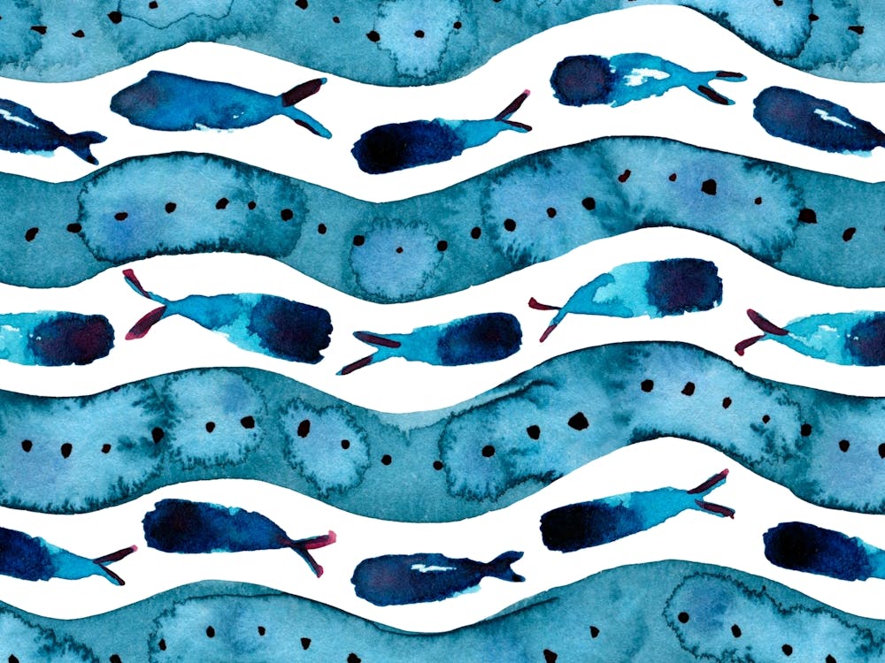 Blue Fishes Waves Sea Watercolor