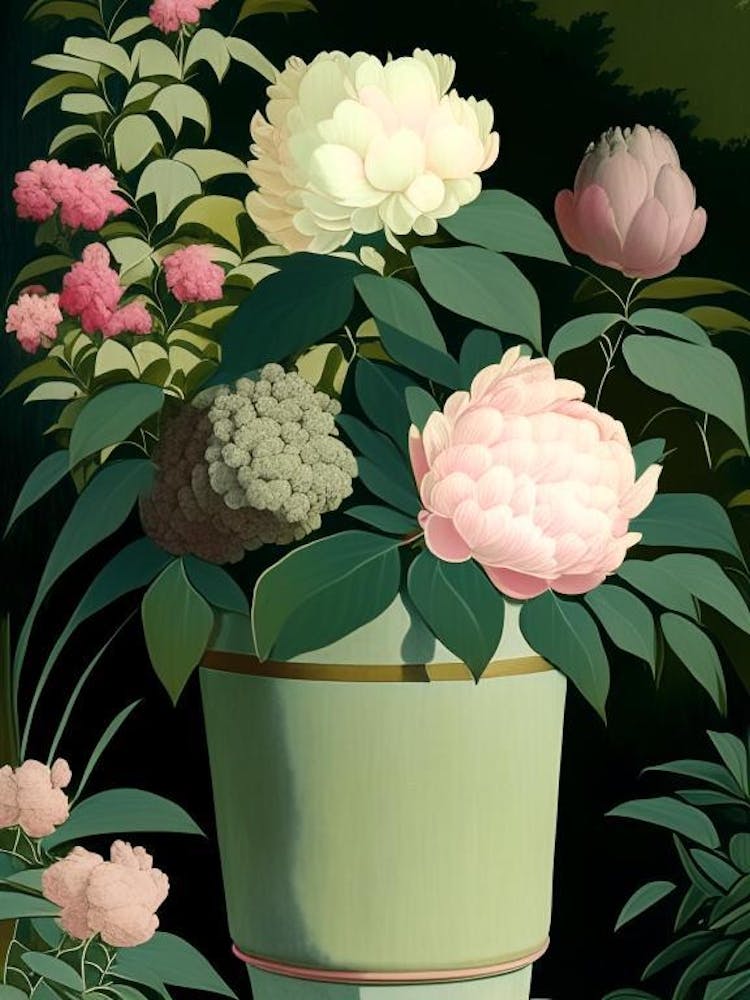 Container Of Peonies In Garden Vintage Sketch