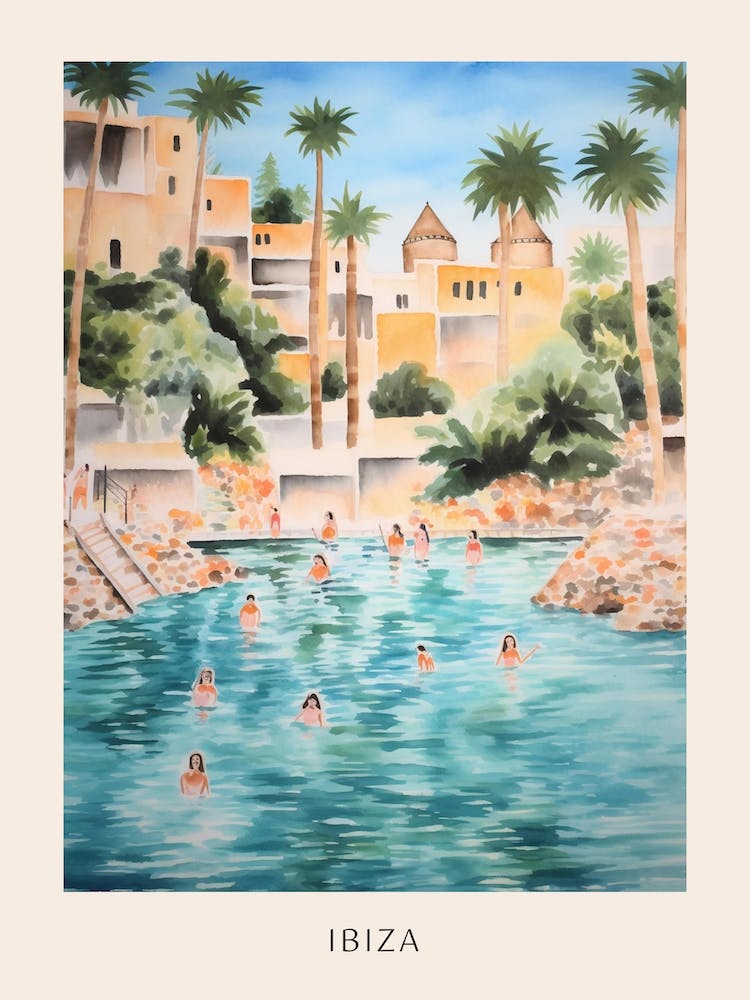 Swimming In Ibiza Spain 2 Watercolour Poster