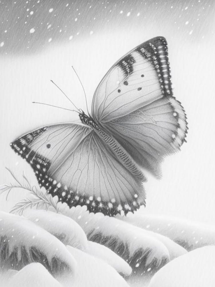 Butterfly In Snow Greyscale Sketch 1