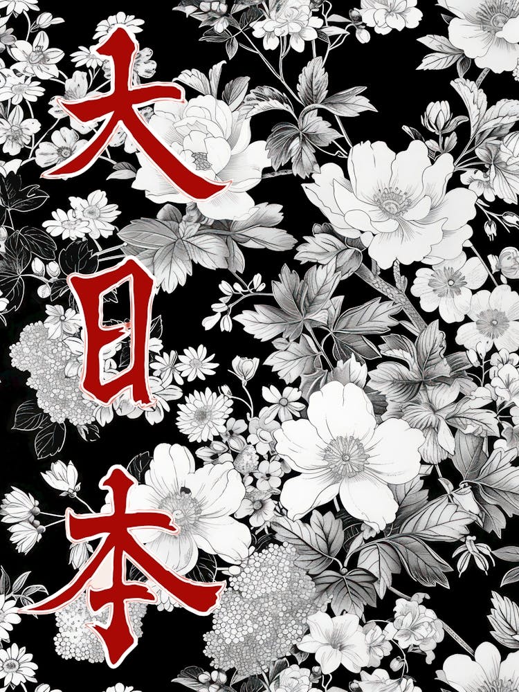 Great Japan Hokusai  Poster Monochrome Flowers 4