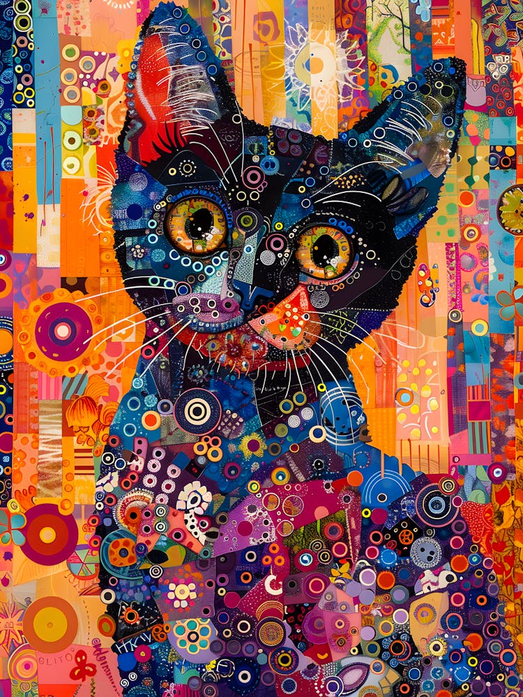Colorful Abstract Cat Art Psychedelic Geometric Feline Painting Vibrant Boho Wall Decor