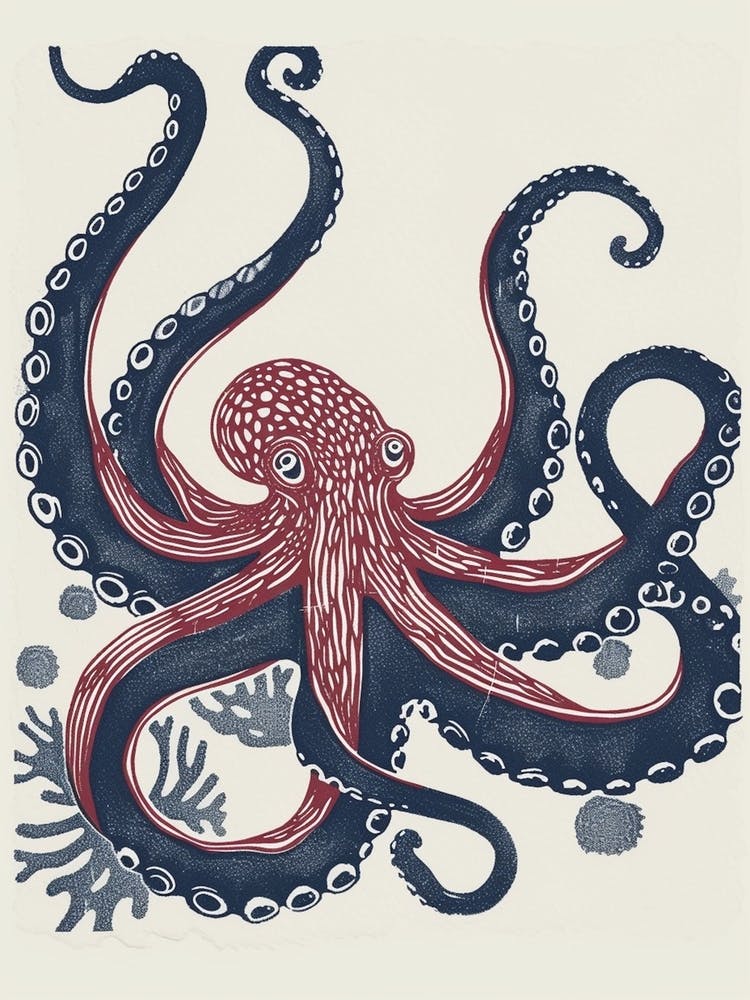 Red & Navy Blue Octopus In The Ocean Linocut Inspired 7