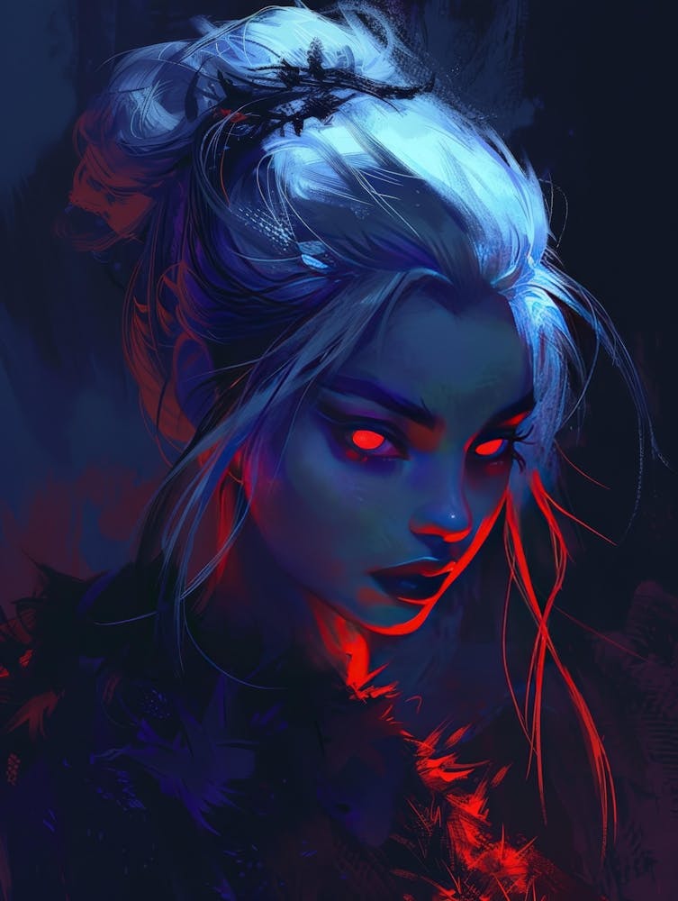 Mädchen mit blauen Haaren und roten Augen