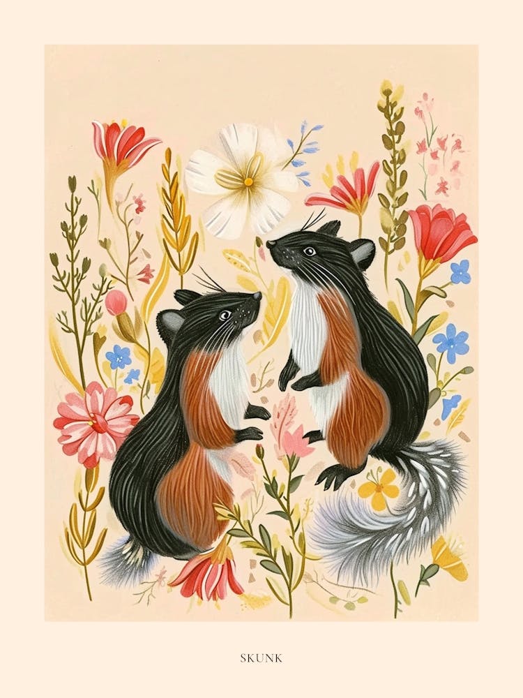 Folksy Floral Animal Drawing Skunk Poster