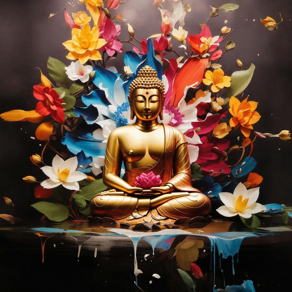 Buddha surrounded with exotic flowers