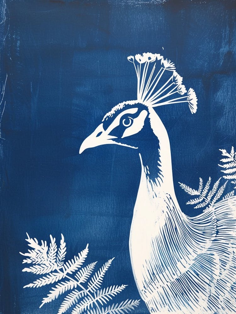 Navy Blue & White Peacock Linocut Inspired Portrait 3