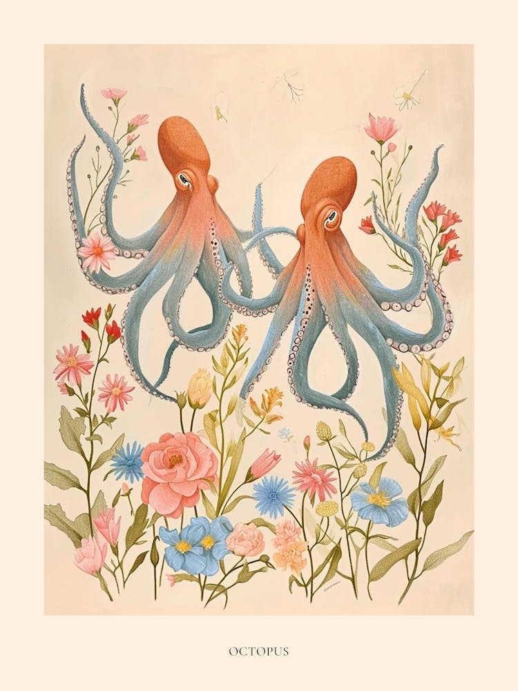 Dessin d'Animal Floral Folk Pieuvre 2 Affiche
