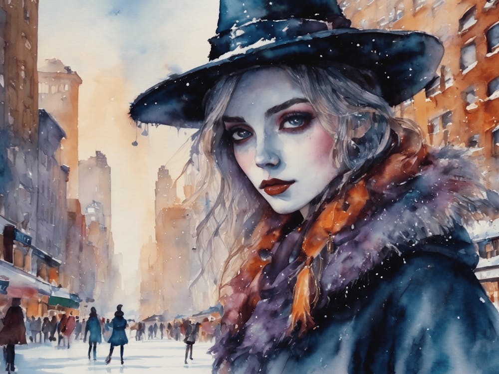 Watercolor Witch in New York City Ice Skating Rink NY Witchy Goth Girl Art Snowing Winter Scene Christmas Yule Iconic Wicca Pale Faced Beautiful Woman in a Hat Fairytale Magical Gallery Feature Wall HD