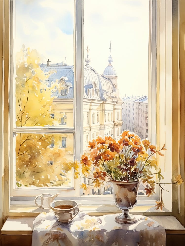 Window View Of Riga Latvia In Autumn Fall, Watercolour 3