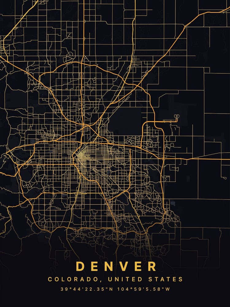 Denver Colorado USA Black And Gold Map
