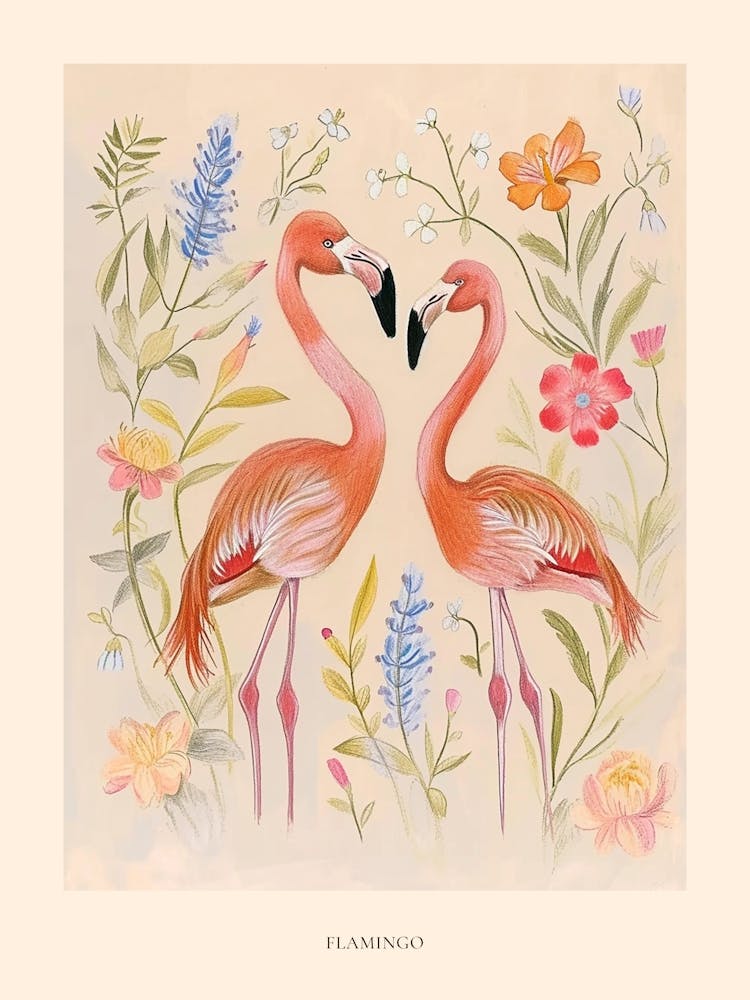 Folksy Floral Animal Drawing Flamingo 3 Poster