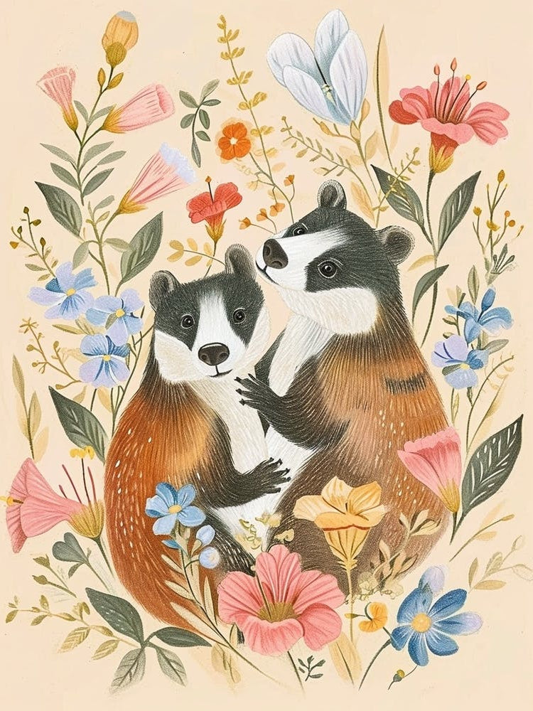 Folksy Floral Animal Drawing Badger 2