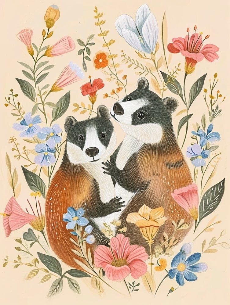 Folksy Floral Animal Drawing Badger 2