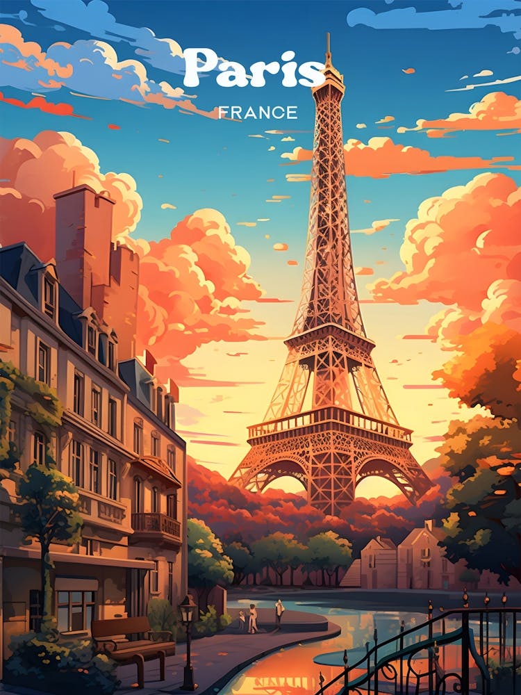 Paris France Sunset Modern Travel Art