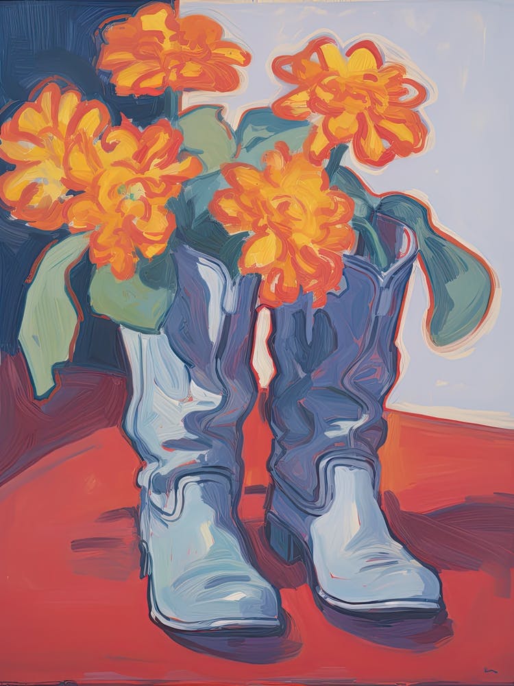 A Painting Of Cowboy Boots With Orange Flowers, Fauvist Style, Still Life 3