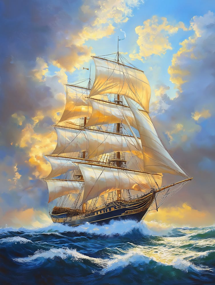 Sailing Ship Navigates Through The Ocean Waves Under A Bright And Dramatic Sky