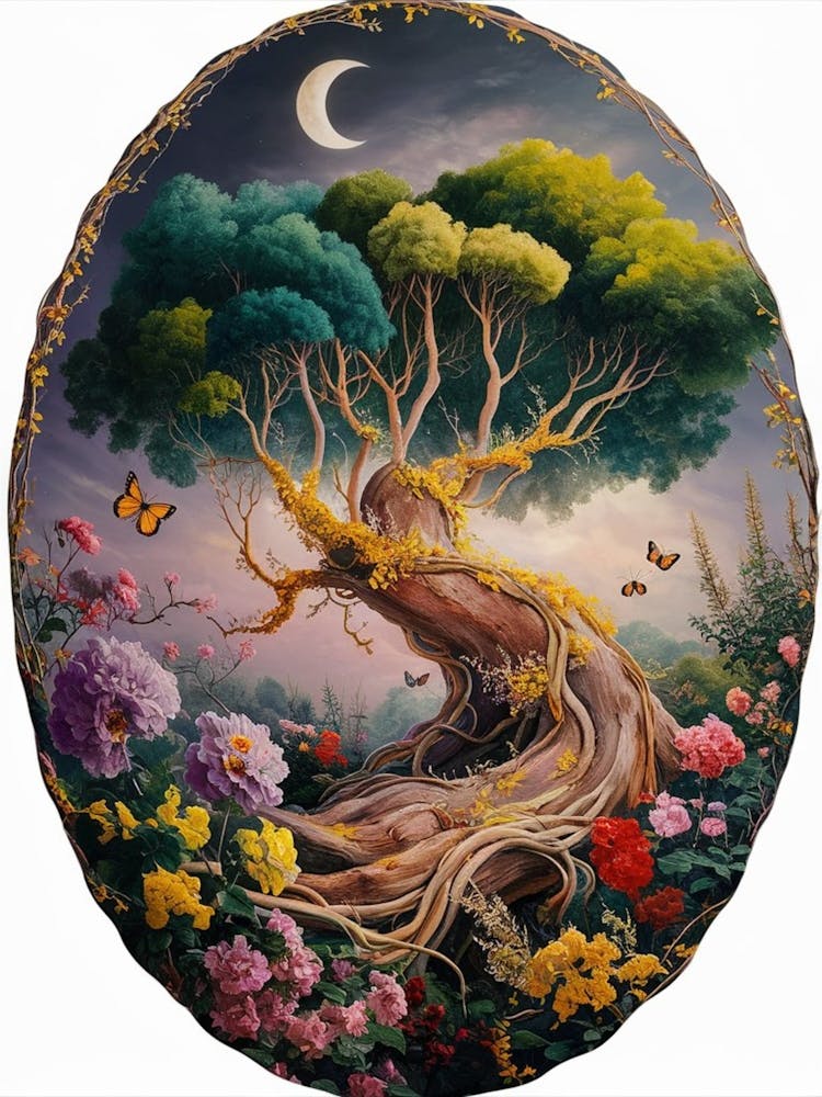 An Exquisite Oil Painting Captures The Essence Of Enchantment Within A Circular Frame, Resembling An Ornate Wreath Or Border