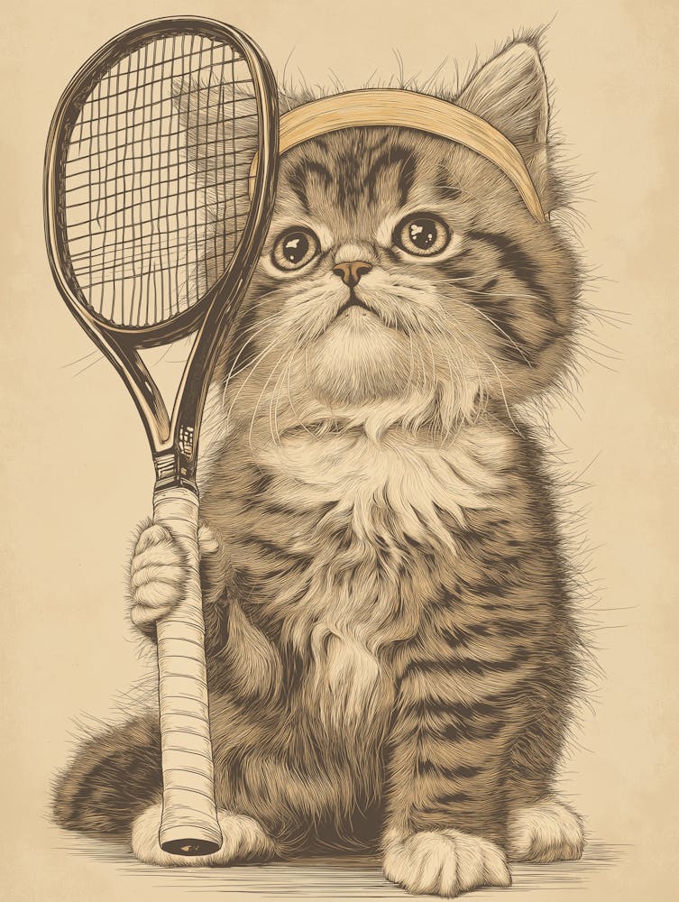 Cat Wearing A Tennis Headband, Playing Tennis