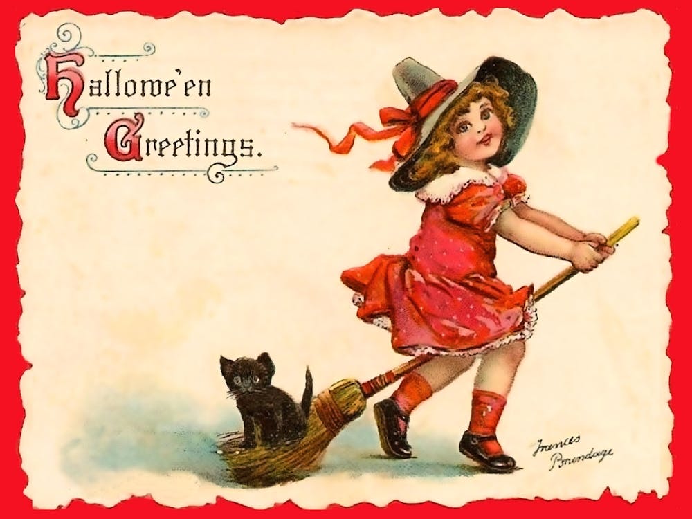 Little Girl With A Broom And A Black Cat Behind