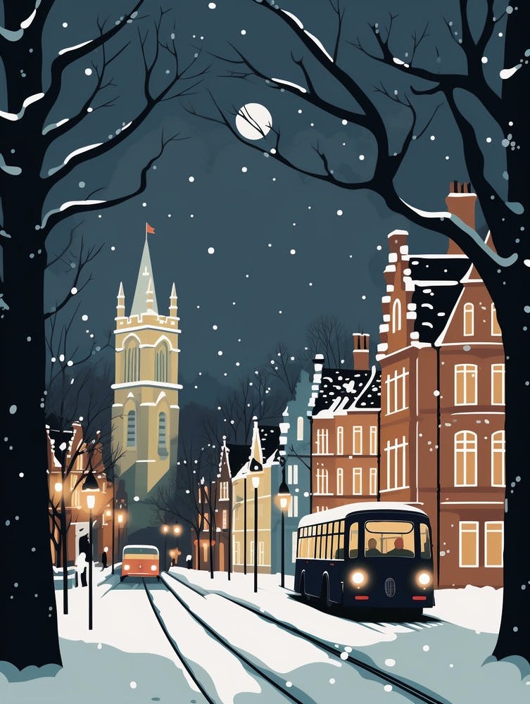 Winter Travel Night Illustration Cardiff United Kingdom 1