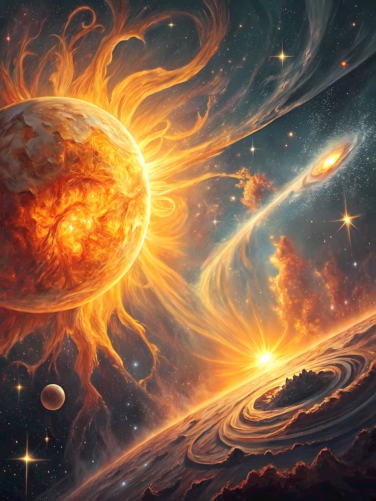 Oil Painting Style Eternal Stellar Dance Vibrant Sun and Galaxy Space Art with Cosmic Swirls