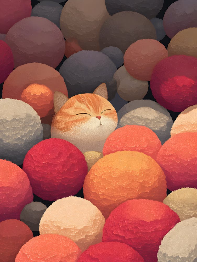 Adorable Plump Cat Surrounded by Soft Plush Balls 1