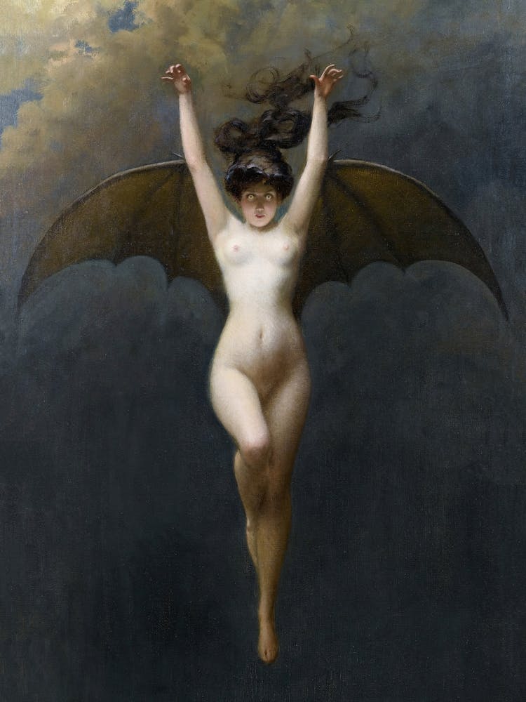 Nackte Frau mit Fledermausflügeln, Fledermausfrau, Vintage Halloween Kunst, Dunkle Ästhetik Dekor