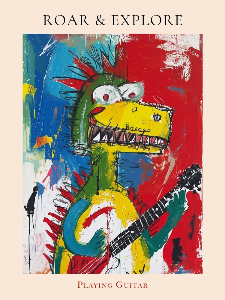Dinosaur Playing Guitar Scribble Paint Splash 4 Poster