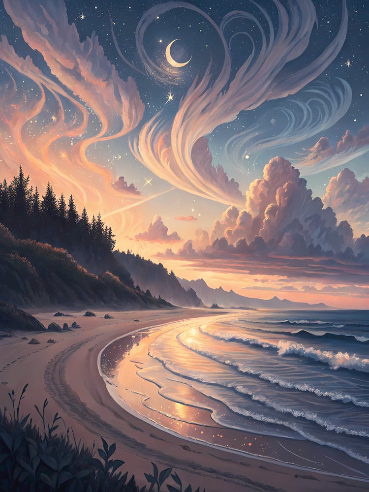 Serene Beach Dusk Landscape Oil Painting