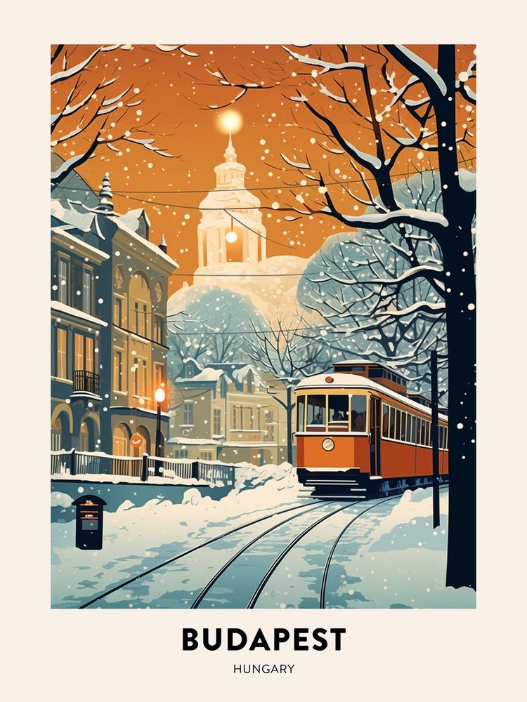 Winter Night  Travel Poster Budapest Hungary 1