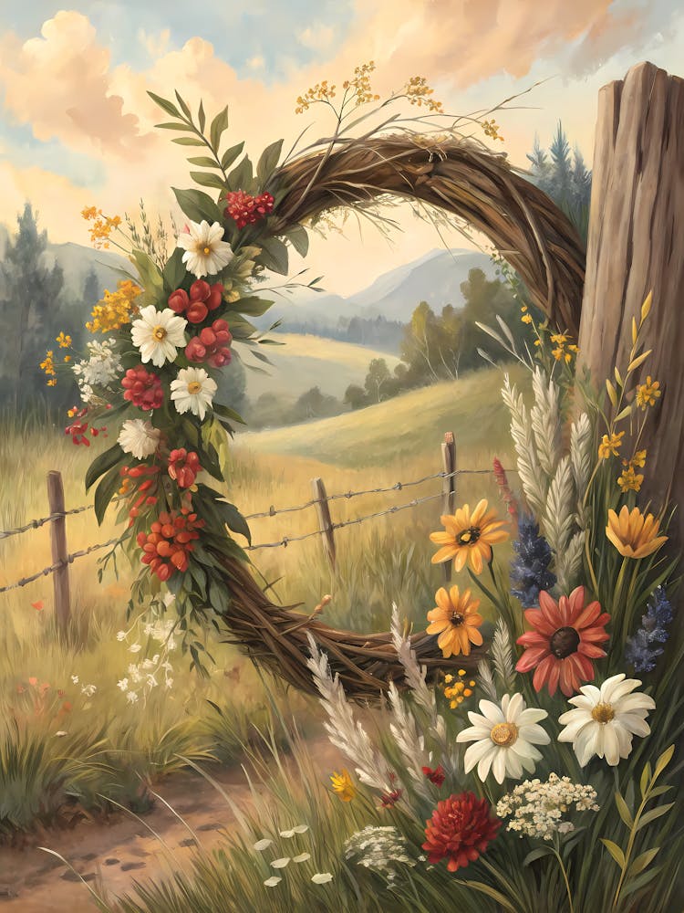 Rustic Wildflower Wreath for a Countryside Oil Painting Style