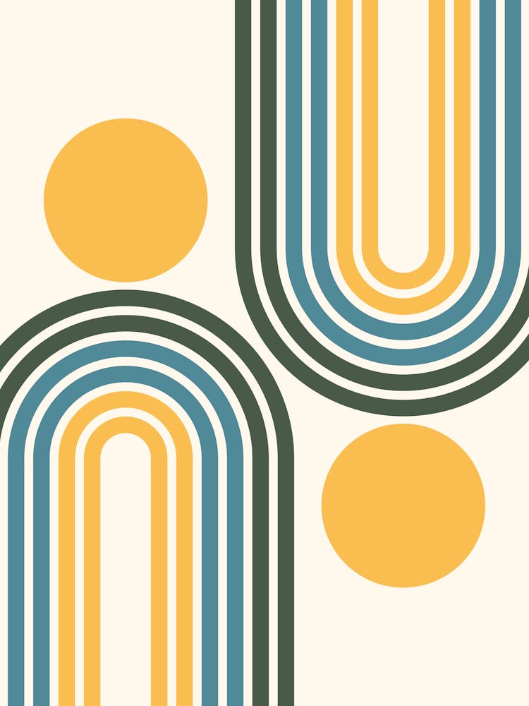 Mid Century Modern Geometric Rainbow And Sun Abstract A12 In Gold Green Teal 01