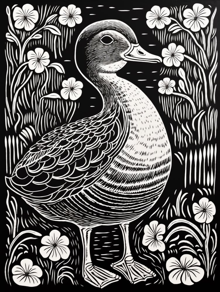 B&W Bird Linocut Duck 4