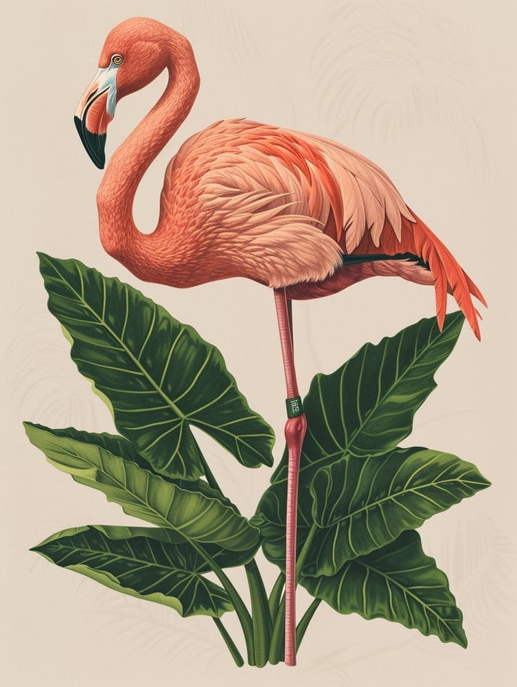 Jamess Flamingo And Alocasia Elephant Ear Minimalist Illustration 1