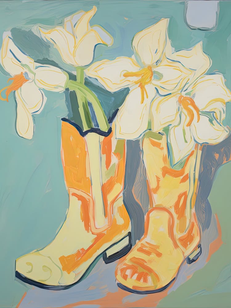 Painting Of White Flowers And Cowboy Boots, Oil Style 2
