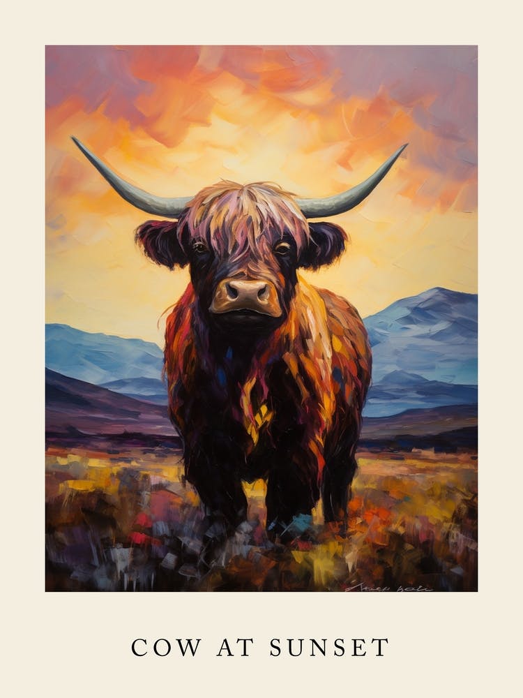 Cow At Sunset Poster