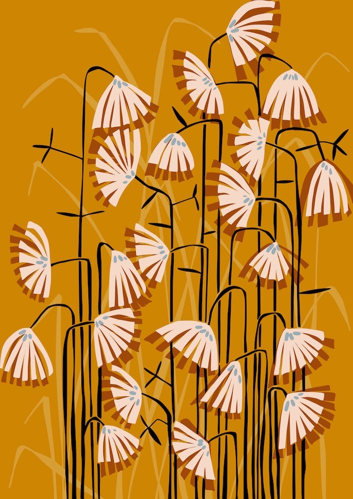 Linocut Flower Meadow Mustard Yellow