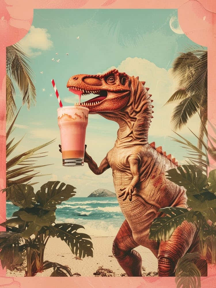Dinosaur Drinking A Milkshake Retro Collage 1
