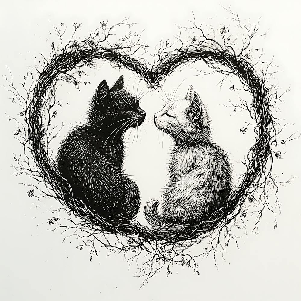 Delicate Ink Drawing of Cats Love Heart