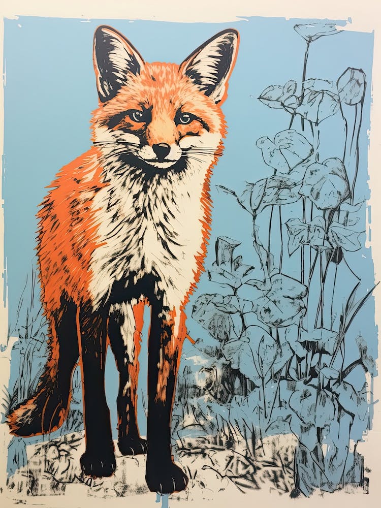 Red Fox, Woodblock Animal Drawing 4