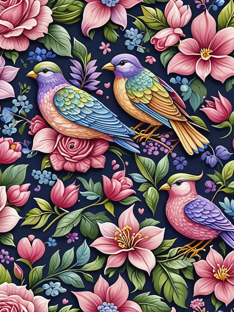 Tropical birds and flowers - colorful poster 3